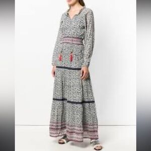 Bell Gracie Maxi Dress Womens Medium Navy Blue White Tasseled Tiered Long Sleeve